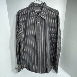 RED X Button-Down Shirt LS L, shades of grey brown & silver stripe 100% cotton